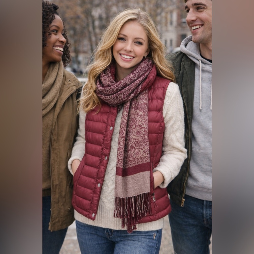 Women's Burgundy & Tan Fringe Trimmed Pashmina Style Scarf